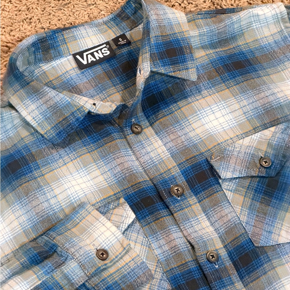 Vans Flannel Classic Fit Button Down Long Sleeve Shirt Blue /Black Sz S